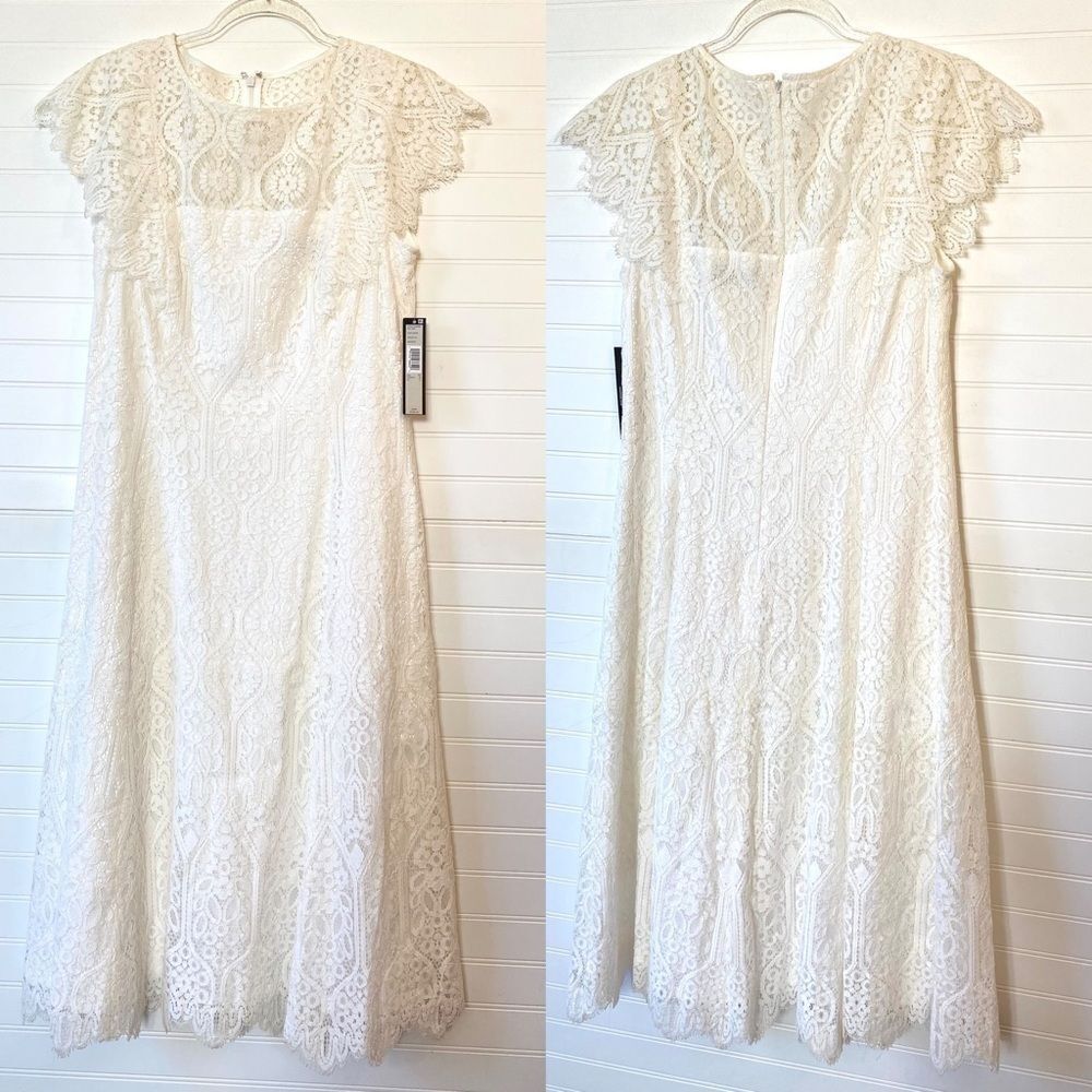 Tahari Snow White Eyelet Lace Midi Dress NWT Size 10 Spring Easter